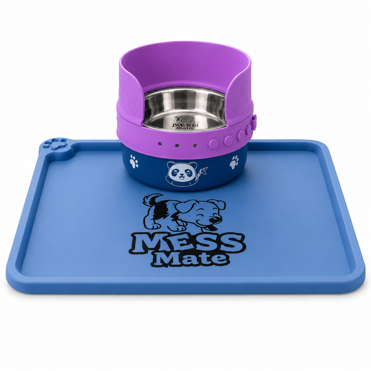 MessMate Complete Mealtime Set for Dogs & Cats – Splash Guard, Stainless Steel Bowl & Silicone Feeding Mat