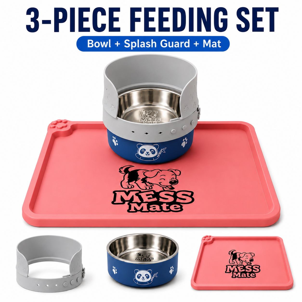 MessMate Complete Mealtime Set for Dogs & Cats – Splash Guard, Stainless Steel Bowl & Silicone Feeding Mat