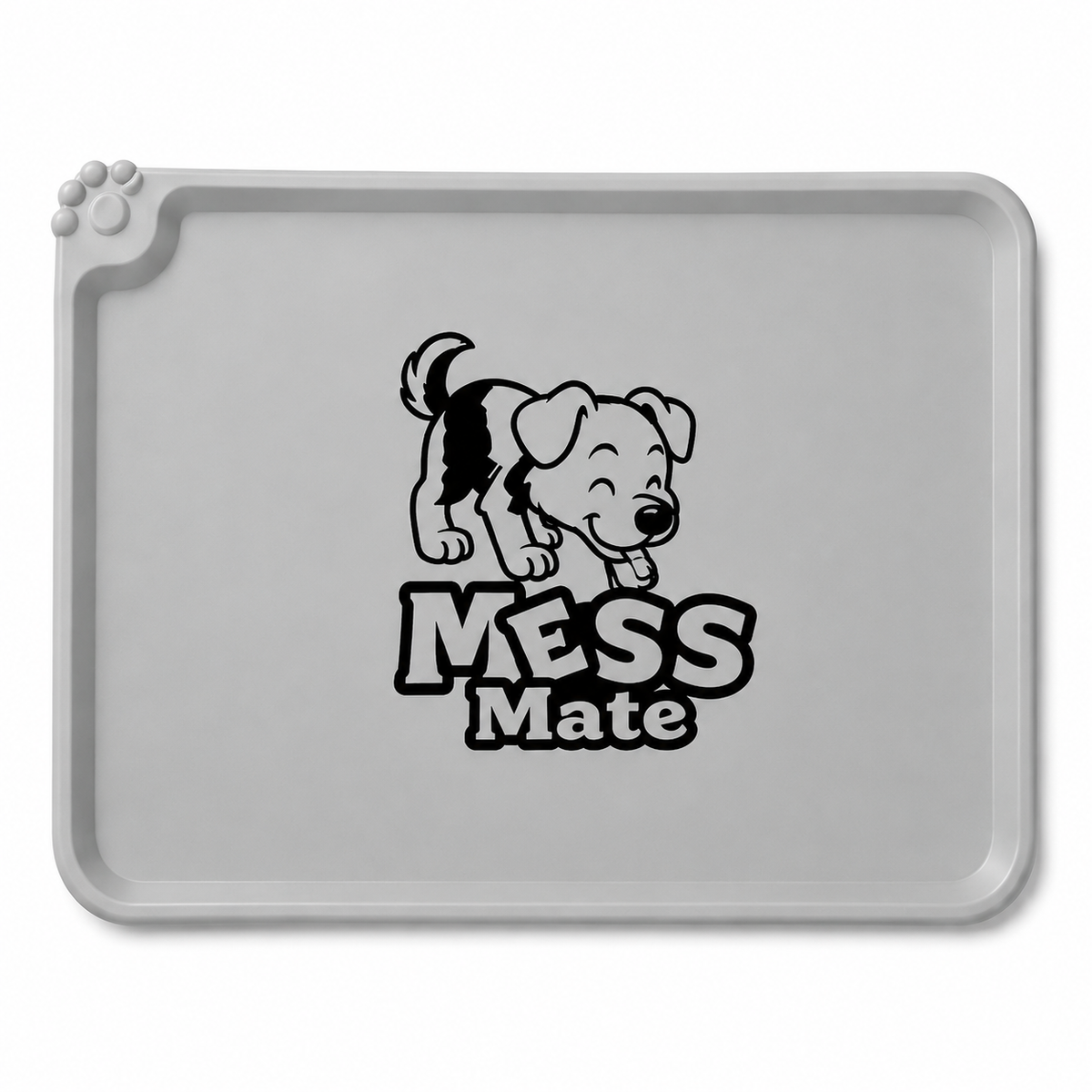 A gray rectangular pet training mat with rounded corners, featuring a black cartoon puppy graphic and the words 'MESS Mate' printed in the center. A small paw print detail is visible on the top-left edge.
