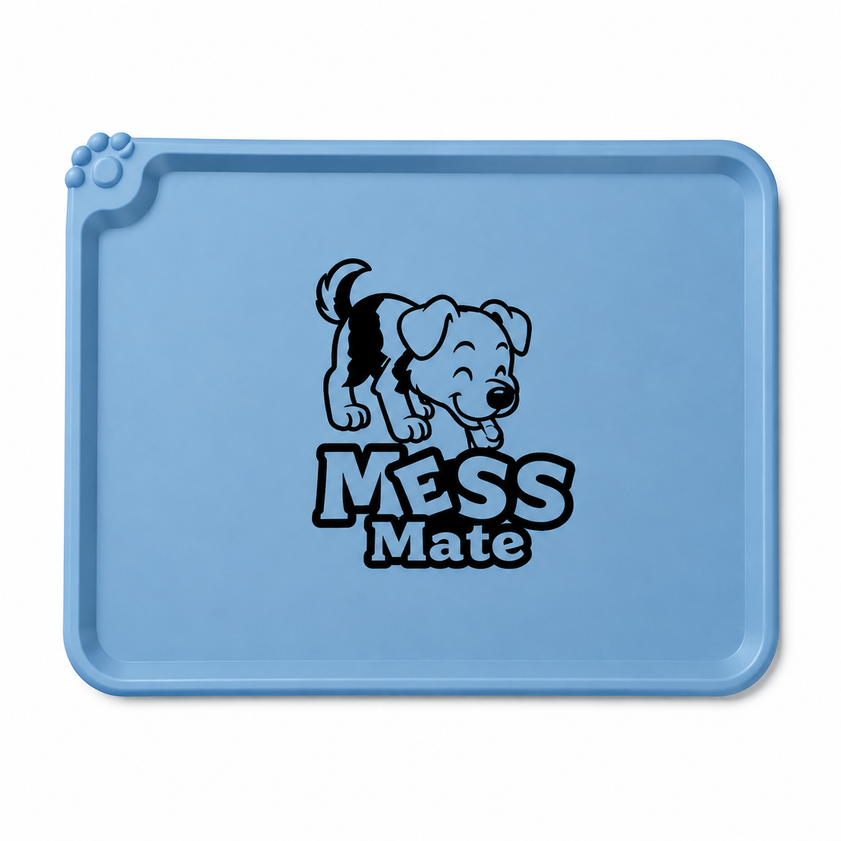 A light blue rectangular pet training mat with rounded corners, featuring a black cartoon puppy graphic and the words 'MESS Mate' printed in the center. The mat has a raised paw print detail on the top-left corner and is shown against a plain white background.
