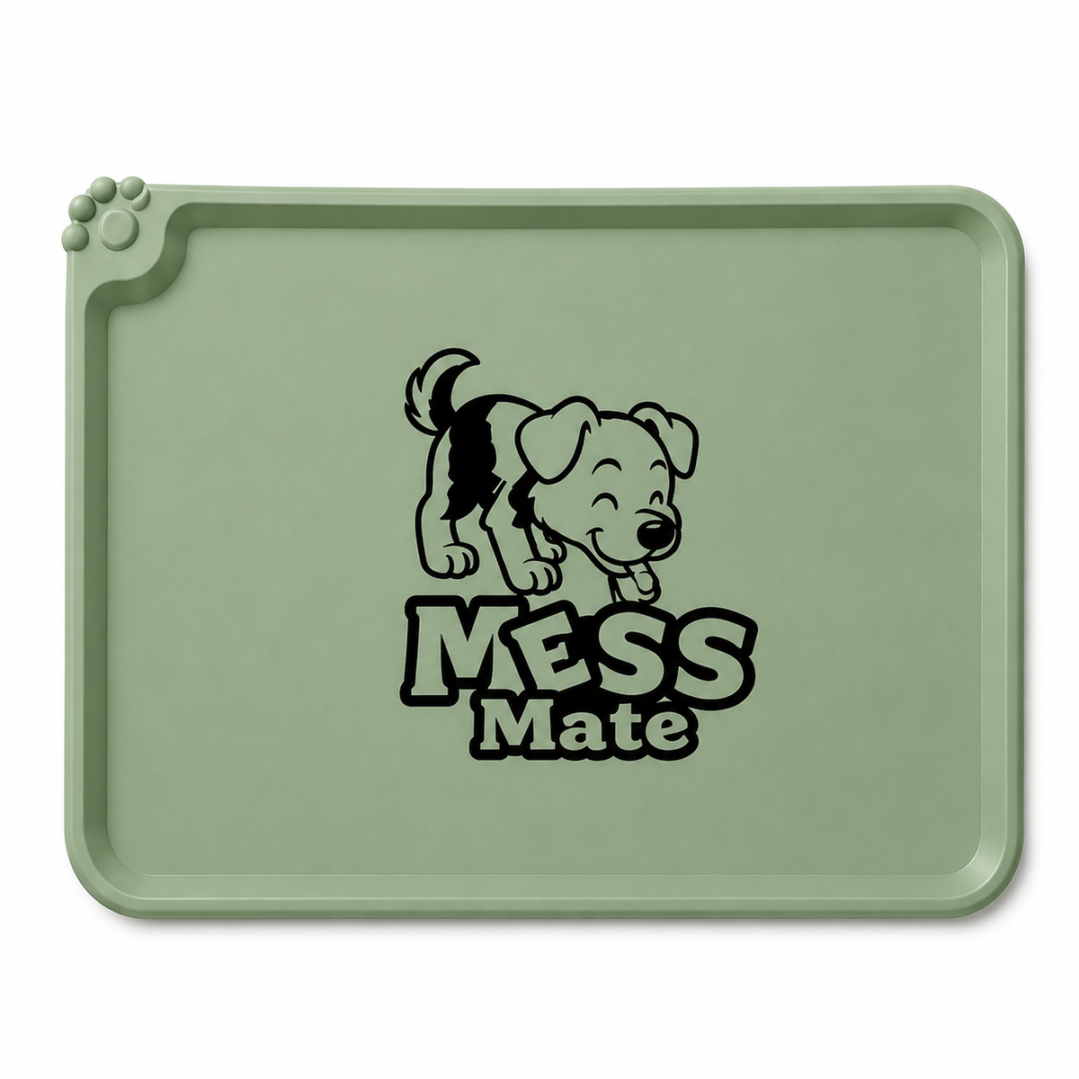 A sage green silicone dog training mat with a black cartoon puppy graphic and the text 'MESS MATE' printed in the center, shown on a plain white background.