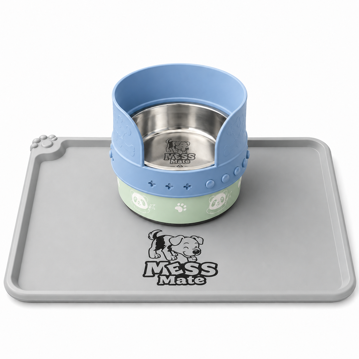 MessMate Complete Mealtime Set for Dogs & Cats – Splash Guard, Stainless Steel Bowl & Silicone Feeding Mat