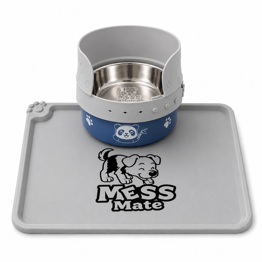 MessMate Complete Mealtime Set for Dogs & Cats – Splash Guard, Stainless Steel Bowl & Silicone Feeding Mat