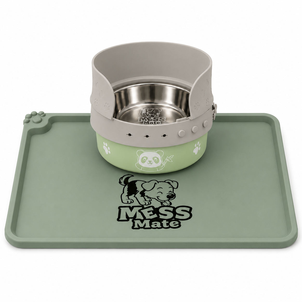 MessMate Complete Mealtime Set for Dogs & Cats – Splash Guard, Stainless Steel Bowl & Silicone Feeding Mat