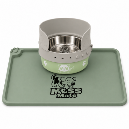 MessMate Complete Mealtime Set for Dogs & Cats – Splash Guard, Stainless Steel Bowl & Silicone Feeding Mat
