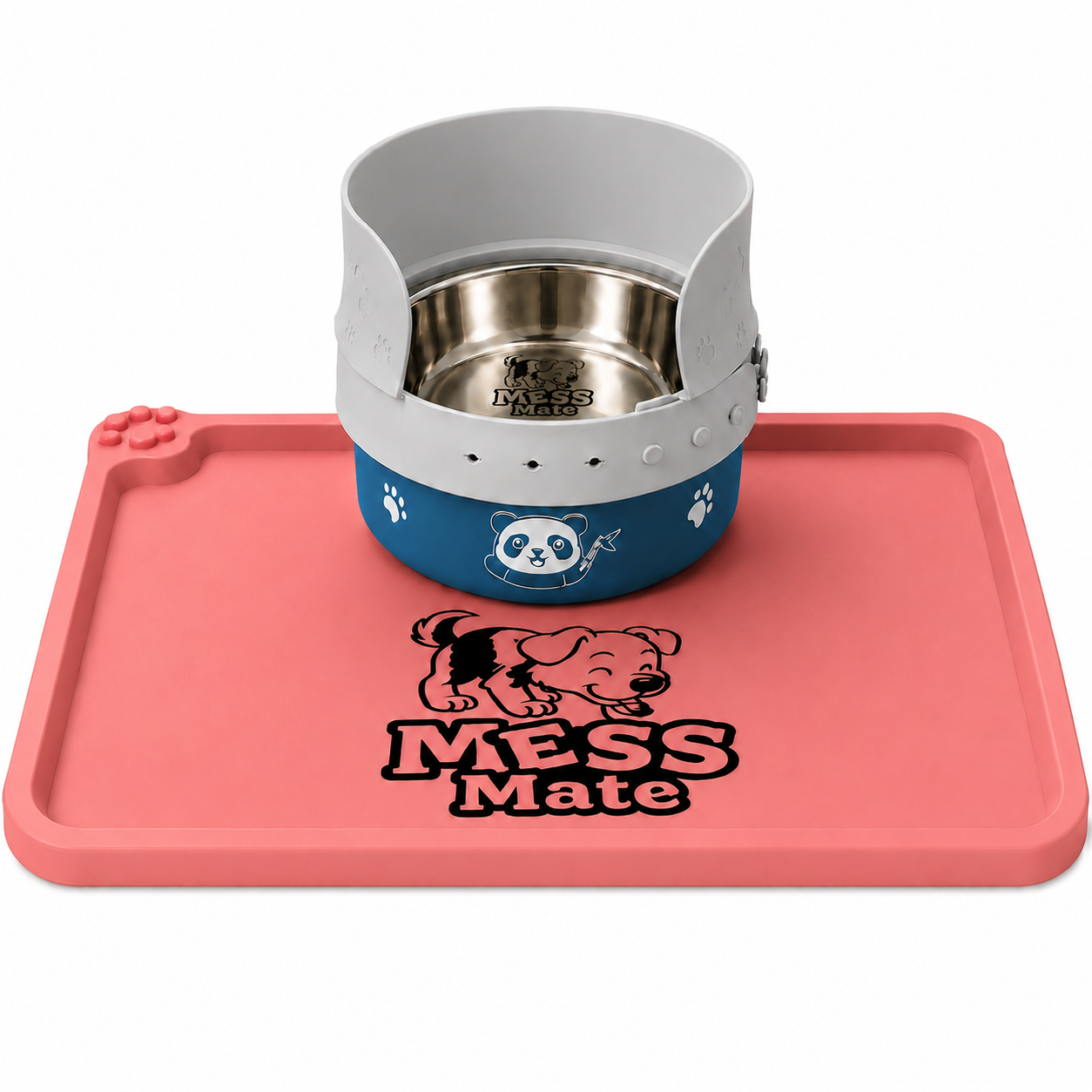 MessMate Complete Mealtime Set for Dogs & Cats – Splash Guard, Stainless Steel Bowl & Silicone Feeding Mat