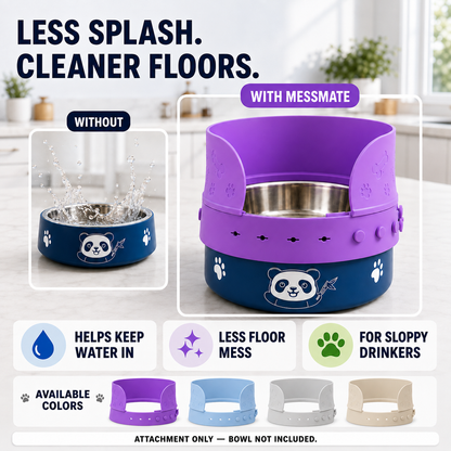 MessMate splash guard on a blue stainless steel pet bowl helping contain water splashes and food mess