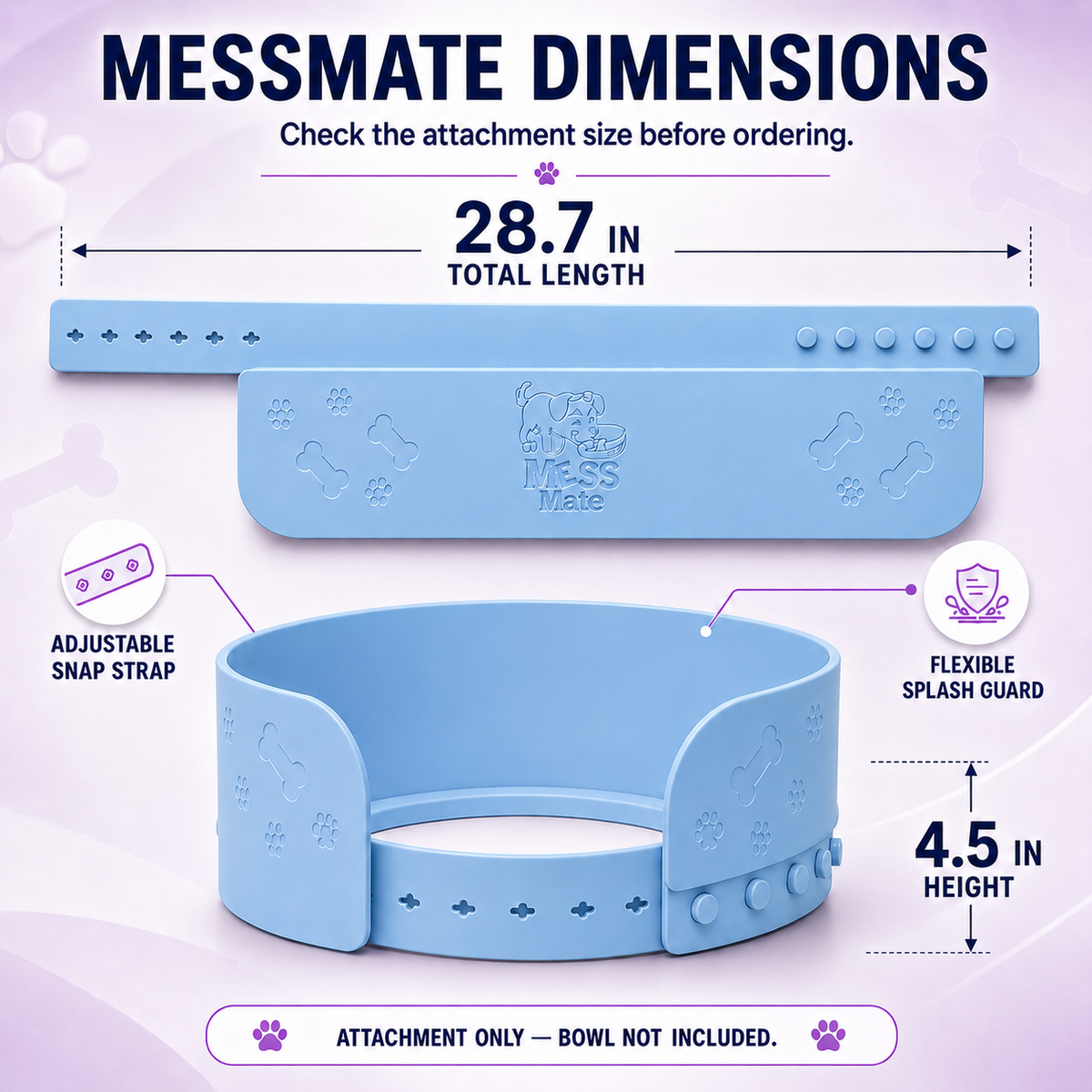 MessMate adjustable silicone pet bowl splash guard dimensions, length, height, and sizing information