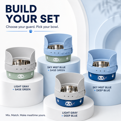MessMate pet feeding collection featuring silicone splash guards, stainless steel bowls, and feeding mats