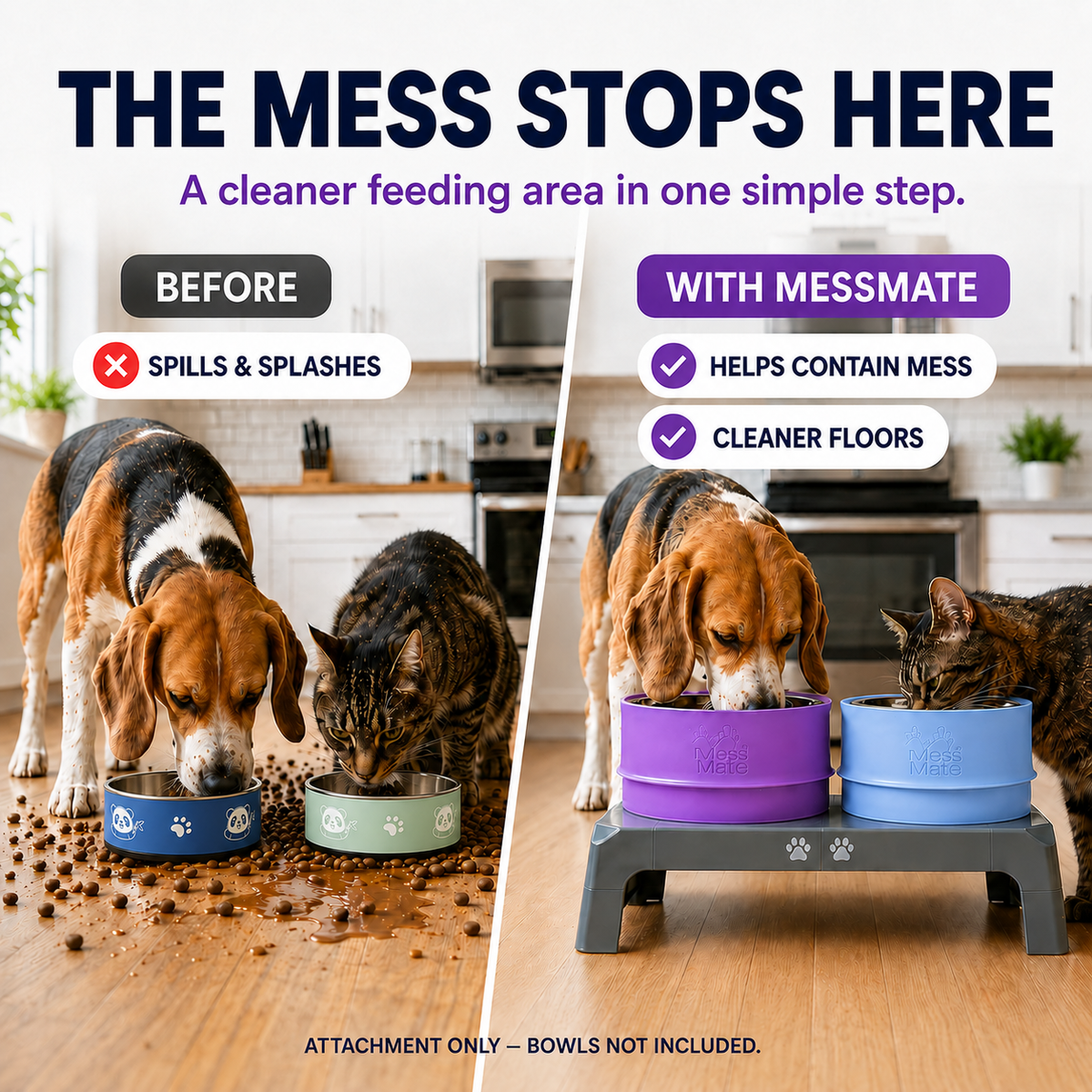 Before and after comparison showing how the MessMate splash guard helps reduce food spills and water splashes