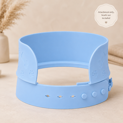 MessMate sky blue silicone pet bowl splash guard with raised splash barrier and adjustable snap closure