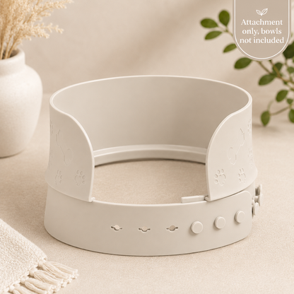 MessMate cream silicone pet bowl splash guard with raised walls and adjustable fastening strap