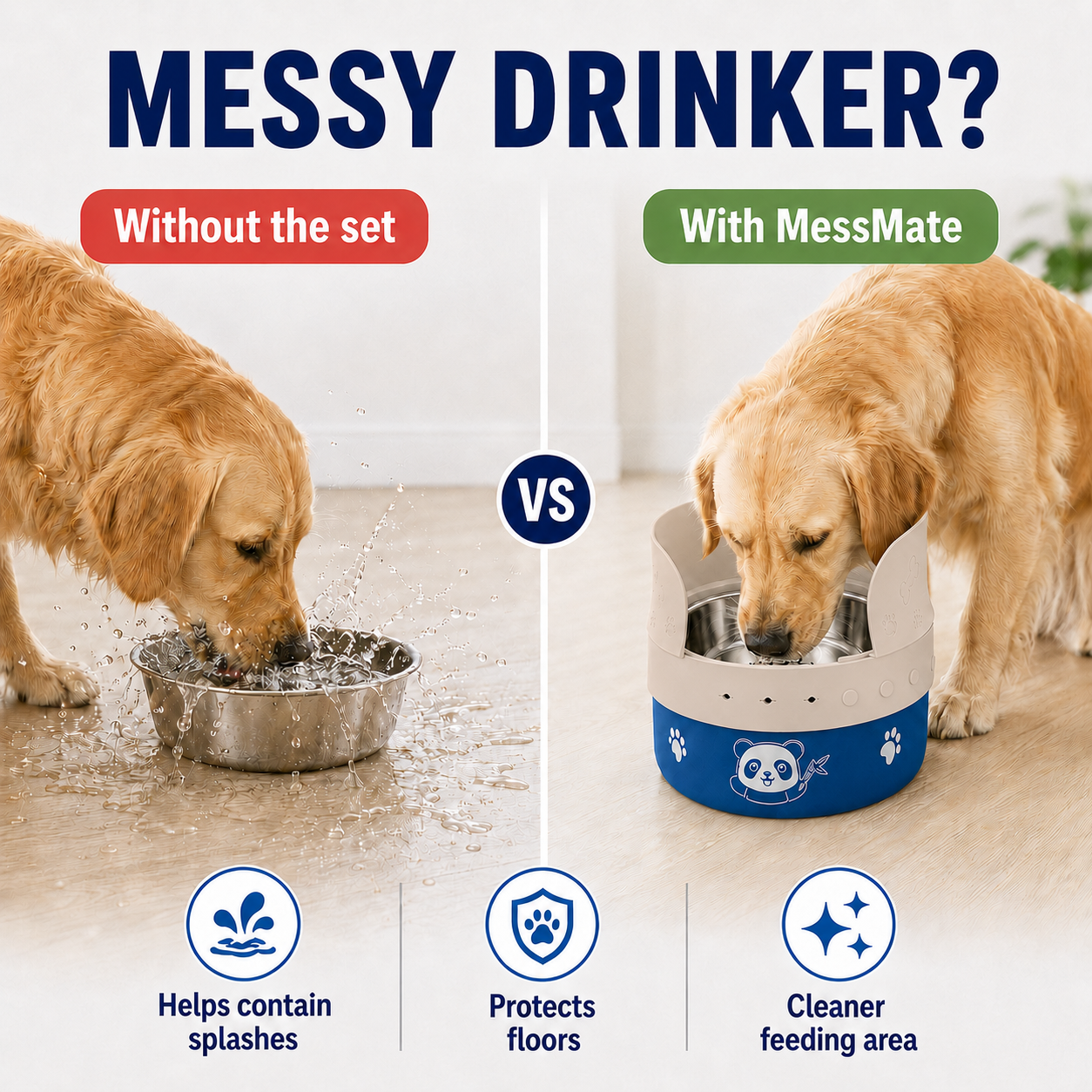 MessMate Stainless Steel Dog Bowl Set with Silicone Splash Guard
