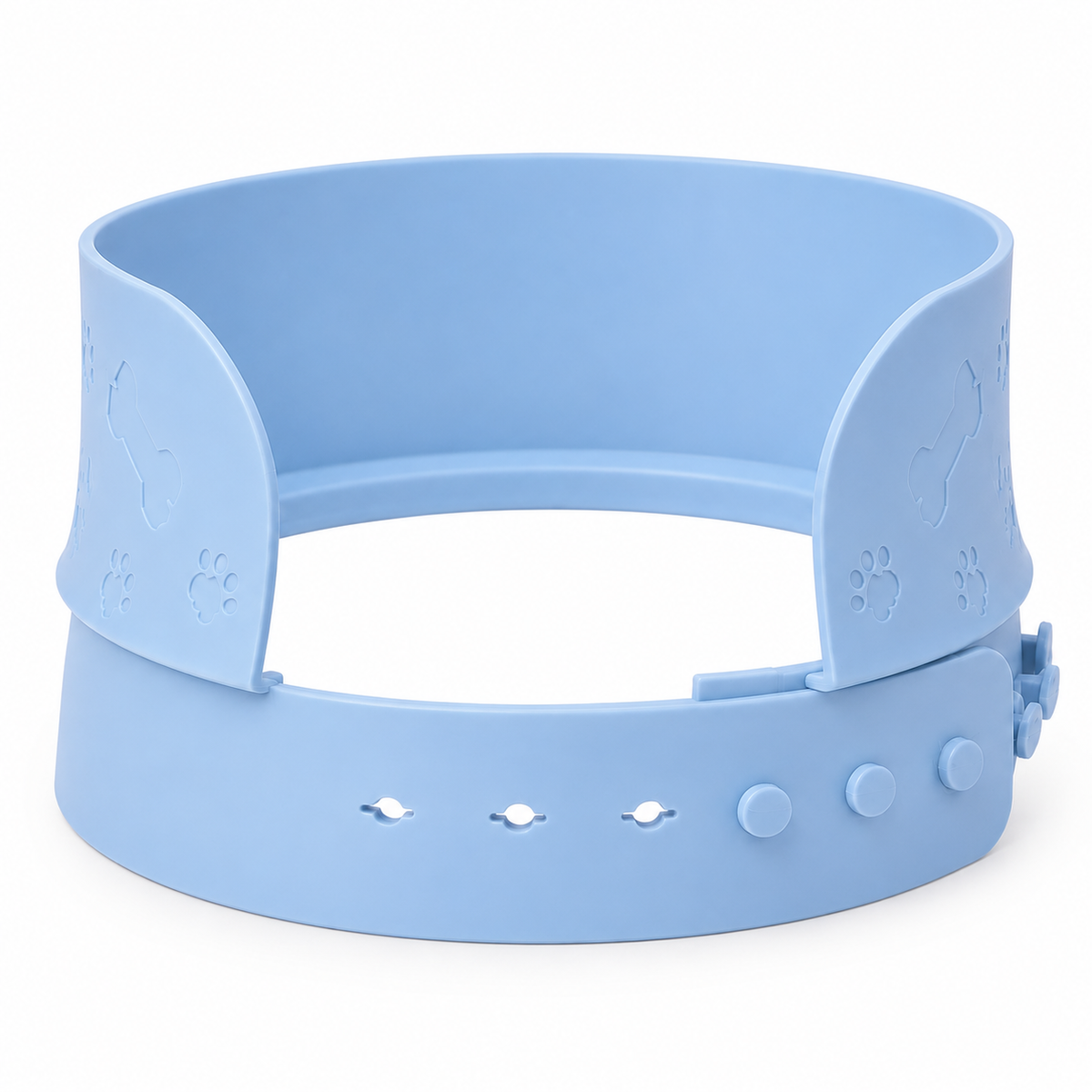 A light blue silicone pet collar with paw print and bone embossed details on the upper band, featuring a wide adjustable lower strap with ventilation holes and a side-release buckle, shown on a white background.