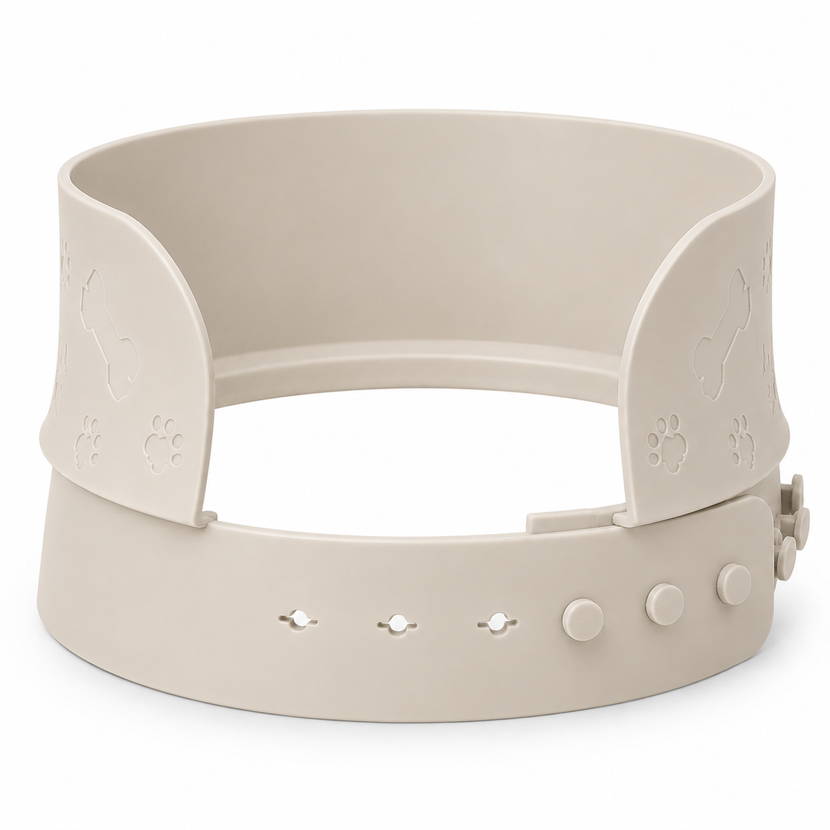 A beige adjustable splash guard to attach to bowls by MessMate with embossed paw print designs on the side flaps and a quick-release buckle system on the front, shown on a plain white background.