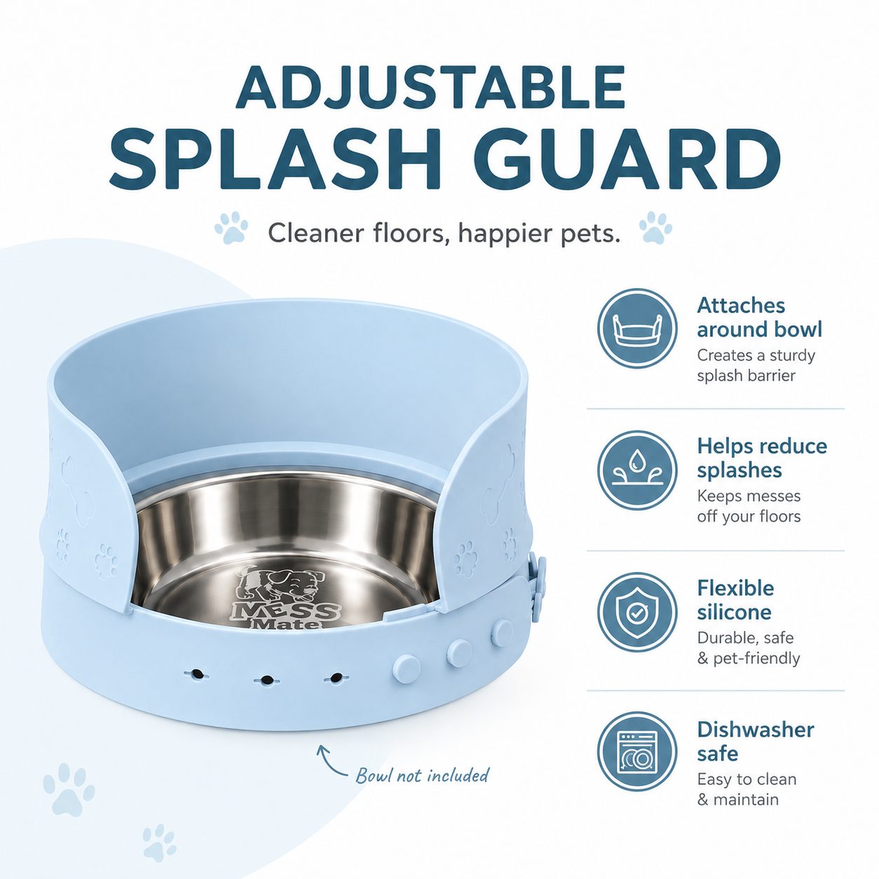 MessMate Complete Mealtime Set for Dogs & Cats – Splash Guard, Stainless Steel Bowl & Silicone Feeding Mat