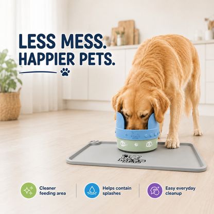 MessMate Complete Mealtime Set for Dogs & Cats – Splash Guard, Stainless Steel Bowl & Silicone Feeding Mat