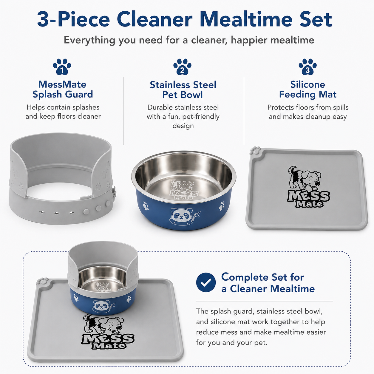 MessMate Complete Mealtime Set for Dogs & Cats – Splash Guard, Stainless Steel Bowl & Silicone Feeding Mat