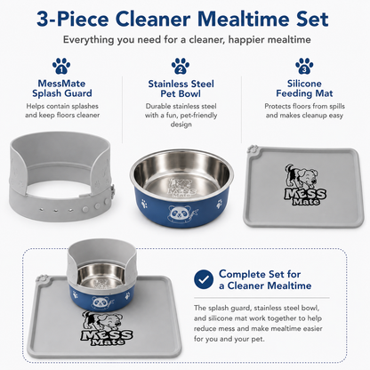 MessMate Complete Mealtime Set for Dogs & Cats – Splash Guard, Stainless Steel Bowl & Silicone Feeding Mat