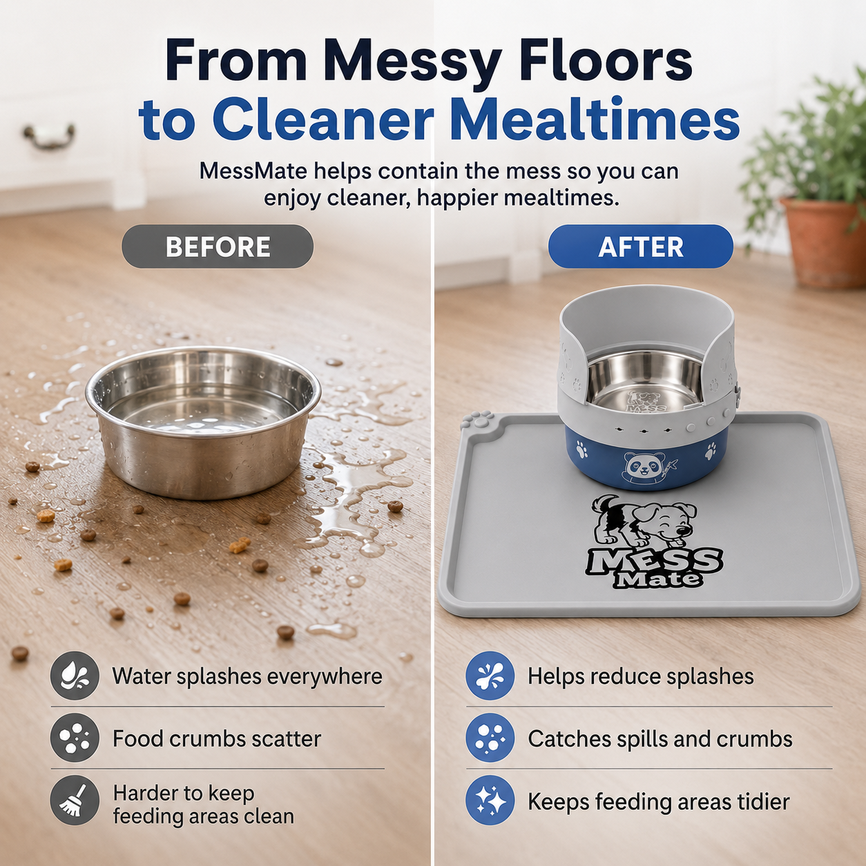 MessMate Complete Mealtime Set for Dogs & Cats – Splash Guard, Stainless Steel Bowl & Silicone Feeding Mat