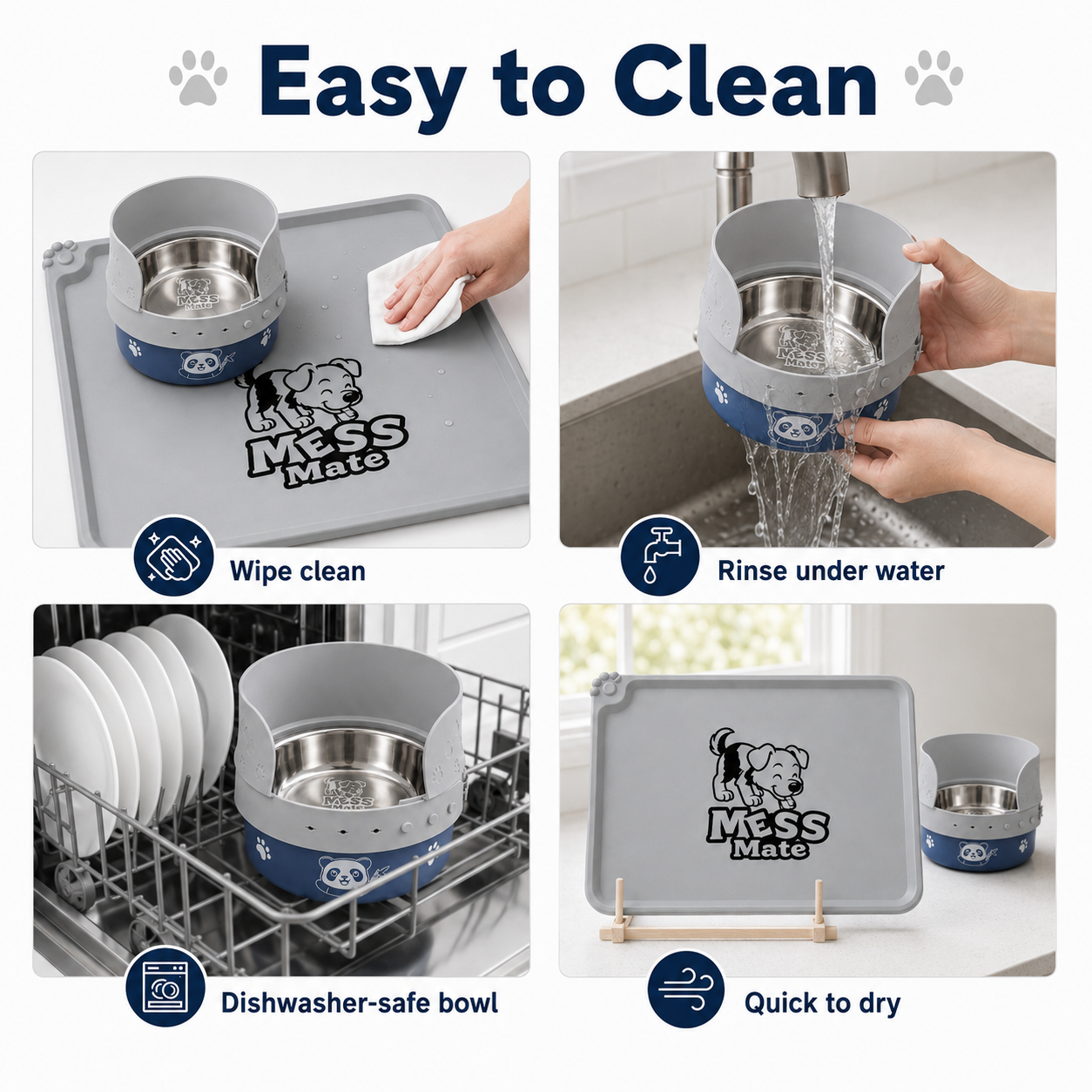 MessMate Complete Mealtime Set for Dogs & Cats – Splash Guard, Stainless Steel Bowl & Silicone Feeding Mat