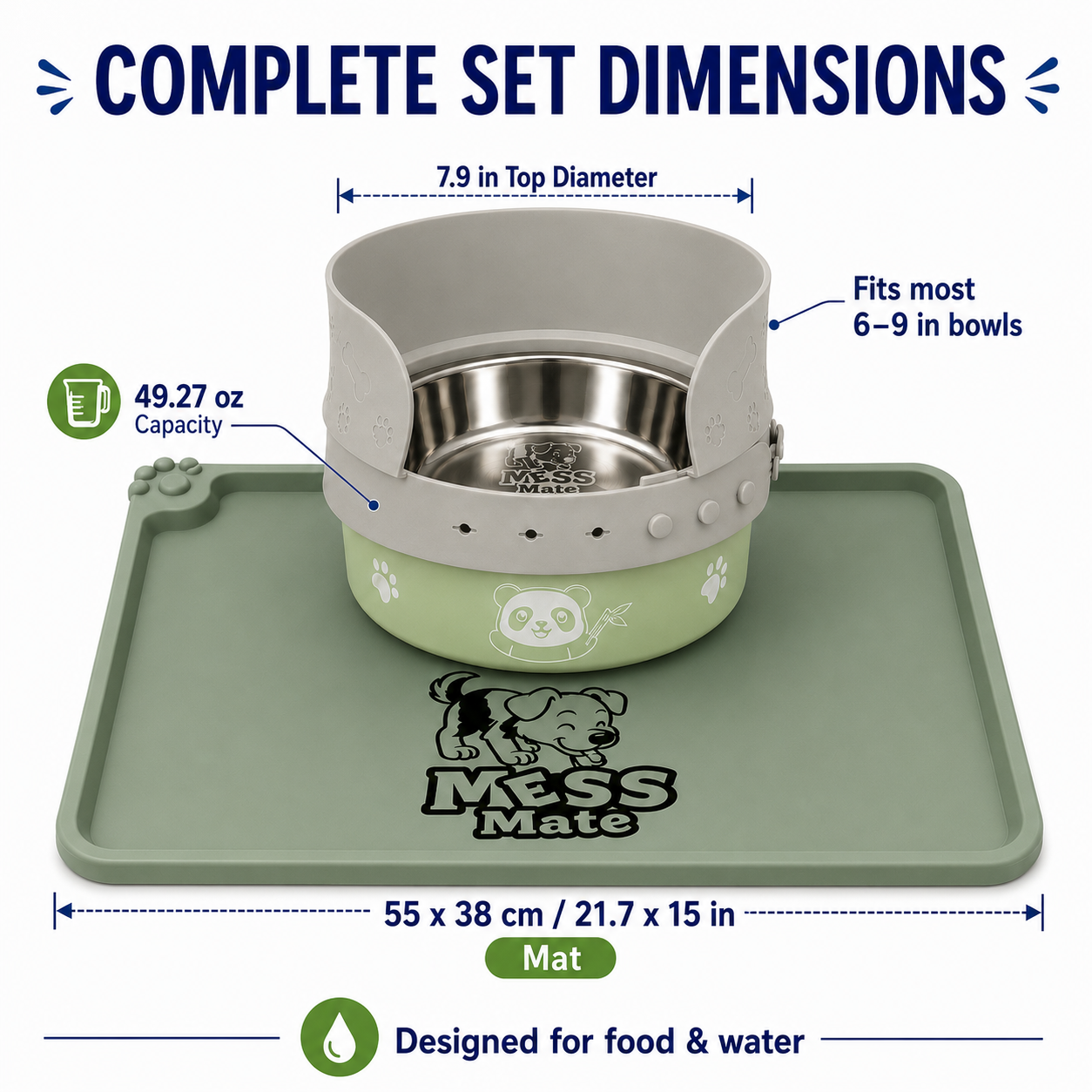 MessMate Complete Mealtime Set for Dogs & Cats – Splash Guard, Stainless Steel Bowl & Silicone Feeding Mat
