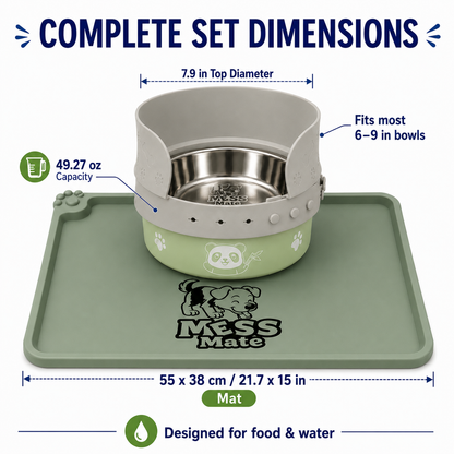 MessMate Complete Mealtime Set for Dogs & Cats – Splash Guard, Stainless Steel Bowl & Silicone Feeding Mat