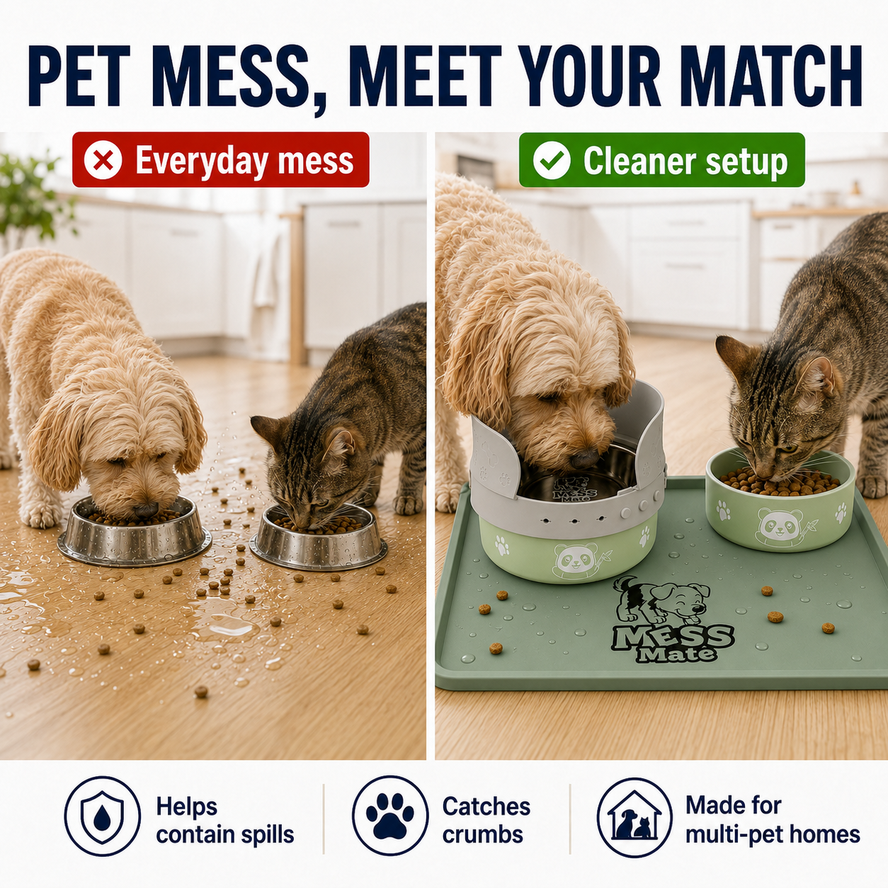 MessMate Complete Mealtime Set for Dogs & Cats – Splash Guard, Stainless Steel Bowl & Silicone Feeding Mat