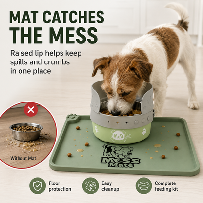 MessMate Complete Mealtime Set for Dogs & Cats – Splash Guard, Stainless Steel Bowl & Silicone Feeding Mat