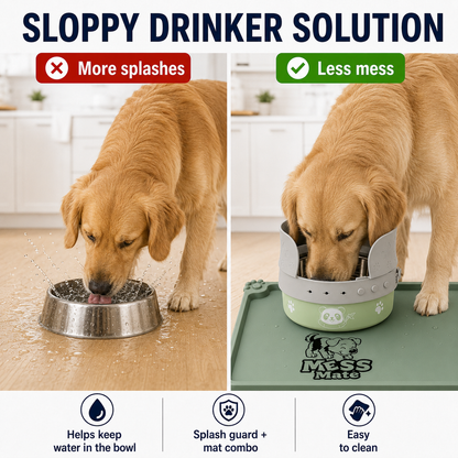MessMate Complete Mealtime Set for Dogs & Cats – Splash Guard, Stainless Steel Bowl & Silicone Feeding Mat