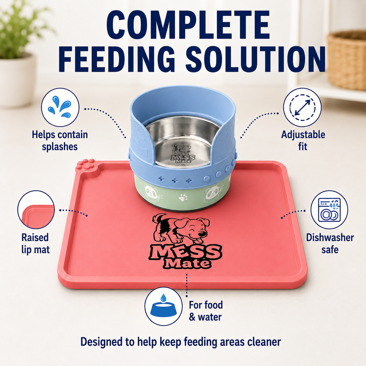 MessMate Complete Mealtime Set for Dogs & Cats – Splash Guard, Stainless Steel Bowl & Silicone Feeding Mat