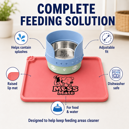 MessMate Complete Mealtime Set for Dogs & Cats – Splash Guard, Stainless Steel Bowl & Silicone Feeding Mat