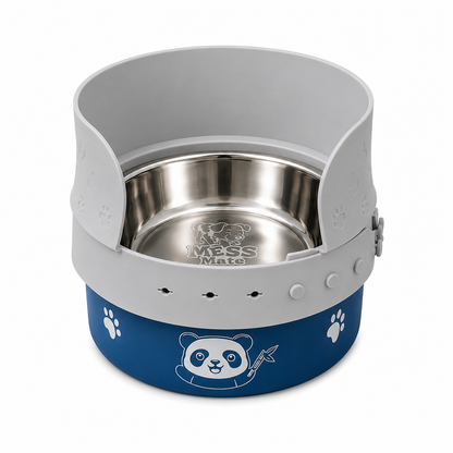 A stainless steel pet bowl with a gray silicone ramp insert and a blue lower base decorated with a white panda illustration and paw prints. The brand name 'MessMare' is embossed on the inside of the bowl.