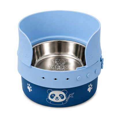A blue and light blue pet feeder bowl splash guard to attach to bowls by MessMate with a stainless steel bowl inside, featuring a panda illustration and paw prints on the base, shown on a white background.