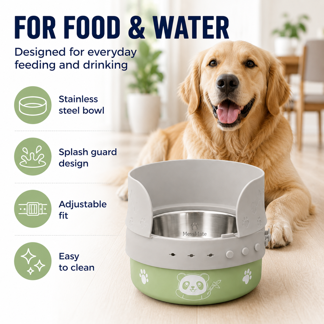 MessMate Complete Mealtime Set for Dogs & Cats – Splash Guard, Stainless Steel Bowl & Silicone Feeding Mat