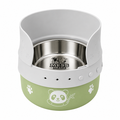 A stainless steel pet feeder bowl with a light gray silicone guard and a light green lower bowl section decorated with a panda illustration and paw prints. The brand 'MESS Mate' is visible on the inner bowl.
