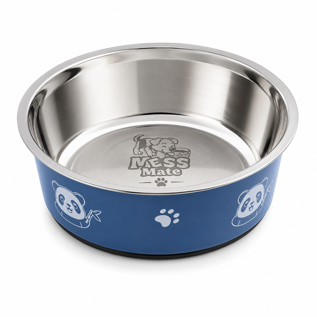 A stainless steel pet bowl with a blue exterior featuring white panda illustrations and a paw print, branded 'MessMate' on the inside base, shown on a white background.