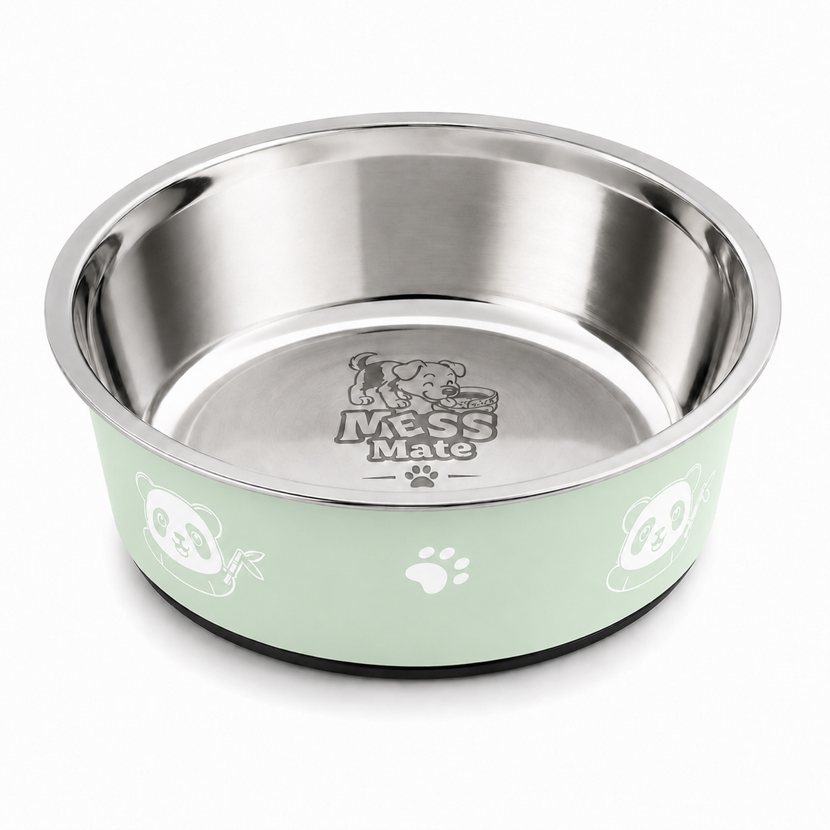 A round stainless steel pet bowl with a light green exterior featuring white panda illustrations and a paw print, branded with 'MessMate' on the bottom.