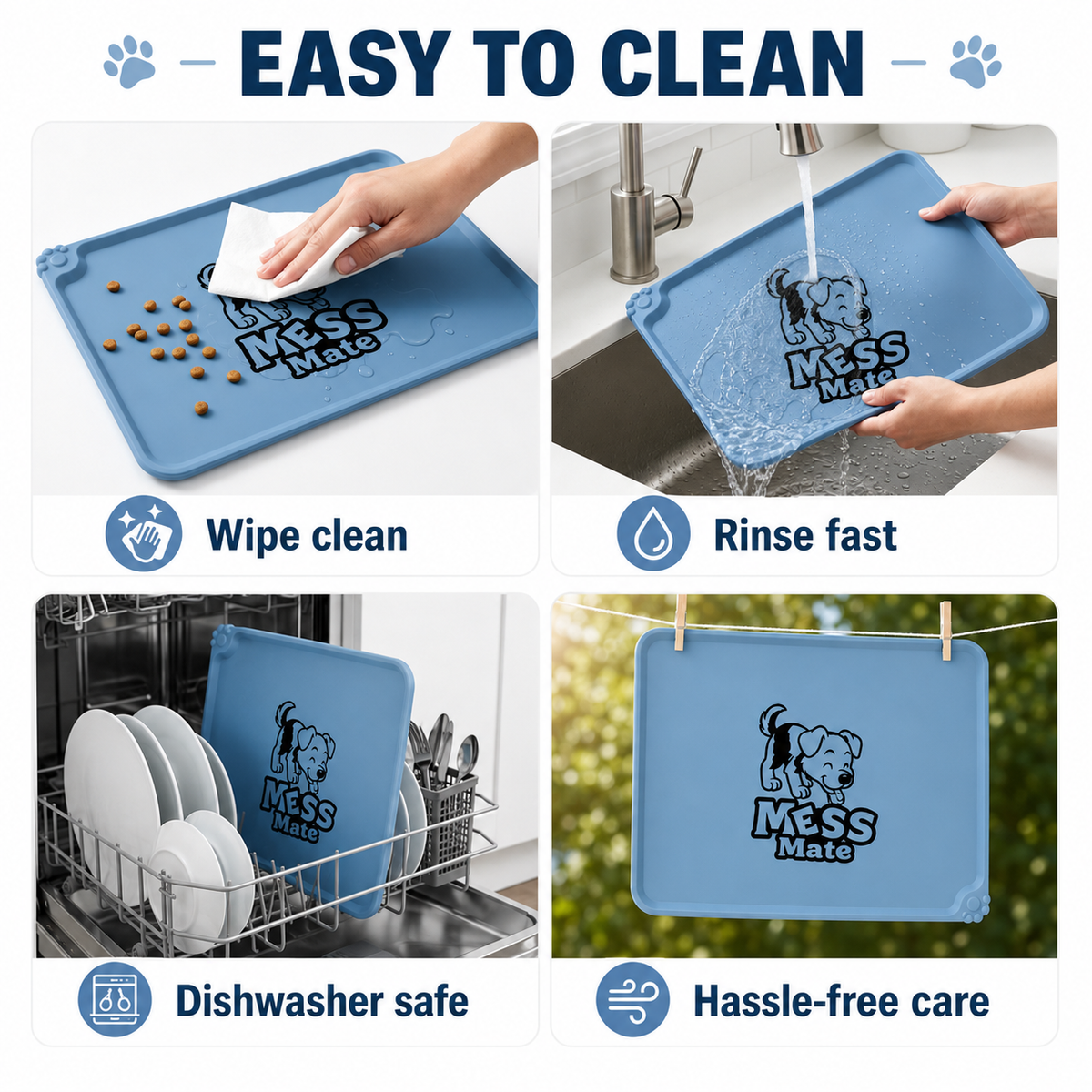 A four-panel marketing graphic for a blue pet mess mat. The top text reads 'EASY TO CLEAN.