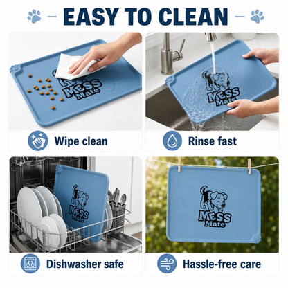 A four-panel marketing graphic for a blue pet mess mat. The top text reads 'EASY TO CLEAN.