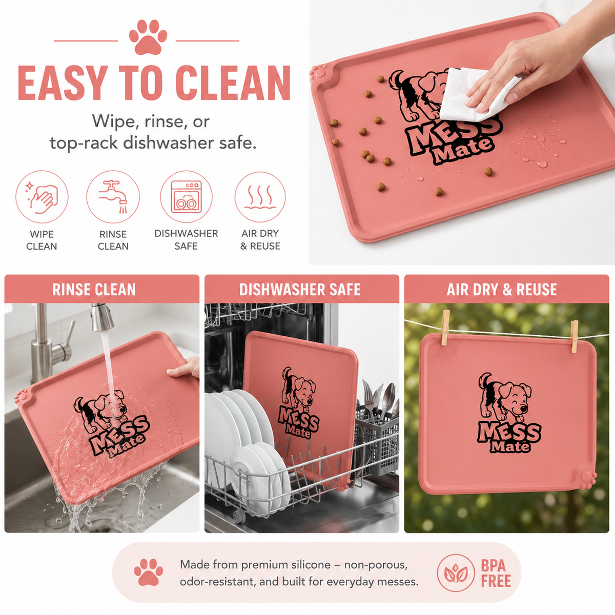 A pink silicone dog mess mat shown in a clean composite marketing layout with text callouts and usage/demo panels. The mat has a black dog silhouette and the words 'Mess Mate' printed on it.