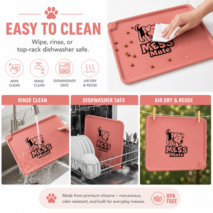 A pink silicone dog mess mat shown in a clean composite marketing layout with text callouts and usage/demo panels. The mat has a black dog silhouette and the words 'Mess Mate' printed on it.