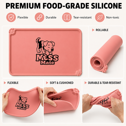 Pink silicone pet training mat with a 'Mess Mate' dog graphic, shown with feature callouts including flexible, durable, tear-resistant, and rollable on a white background.