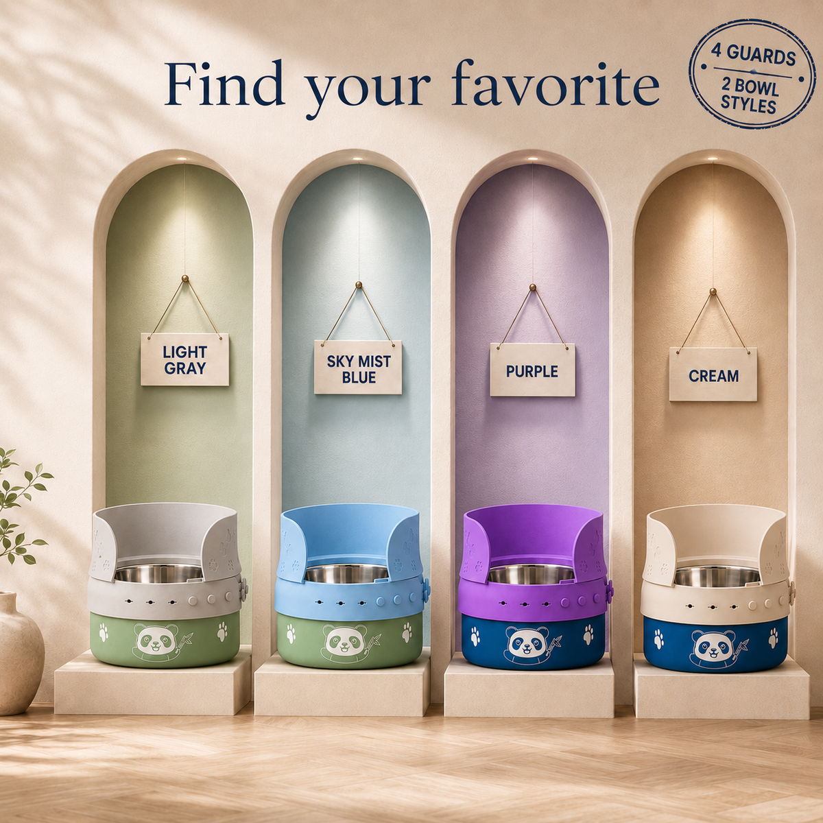 MessMate splash guards paired with blue and green stainless steel bowls in multiple color combinations