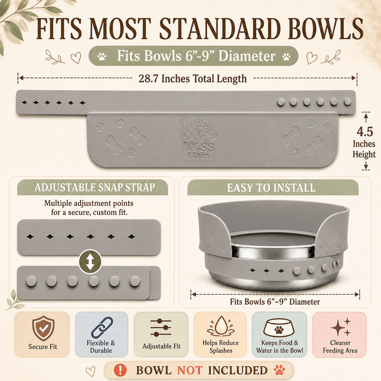MessMate™ Anti - Spill Pet Bowl Attachment for Dogs & Cats (Fits 6–9 Inch Bowls) Bowl Not Included - MessMate